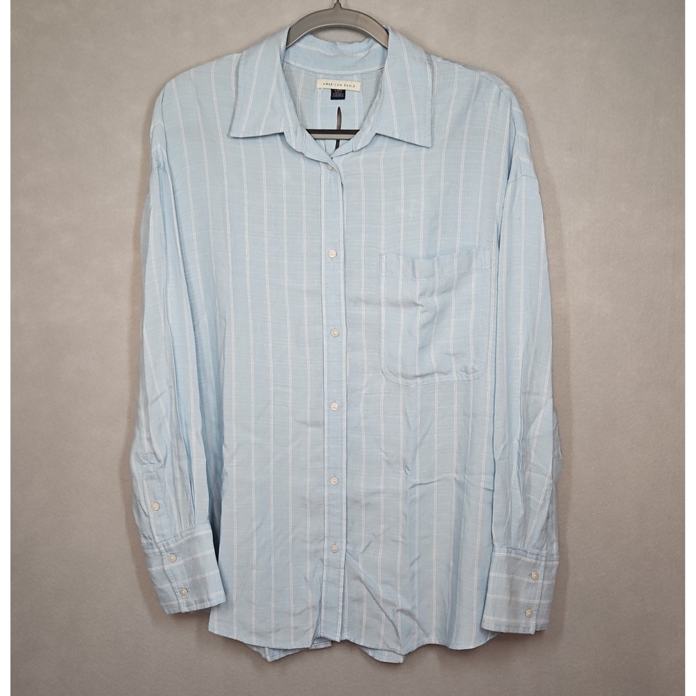 American Eagle Womens Blue Striped Tie Back Button Up Shirt Size Medium